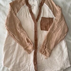 aerie Two-Tone Gauze Button-Up Top in Cream and Brown